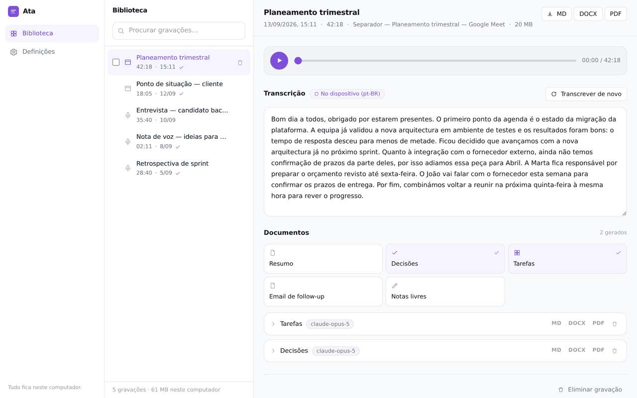The Ata dashboard: recordings on the left, an editable transcript in the middle, and the generated documents below it