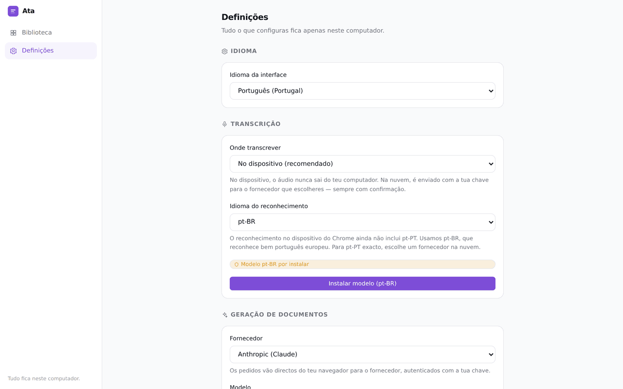 Ata's settings: where to transcribe, which recognition language, and which provider generates documents