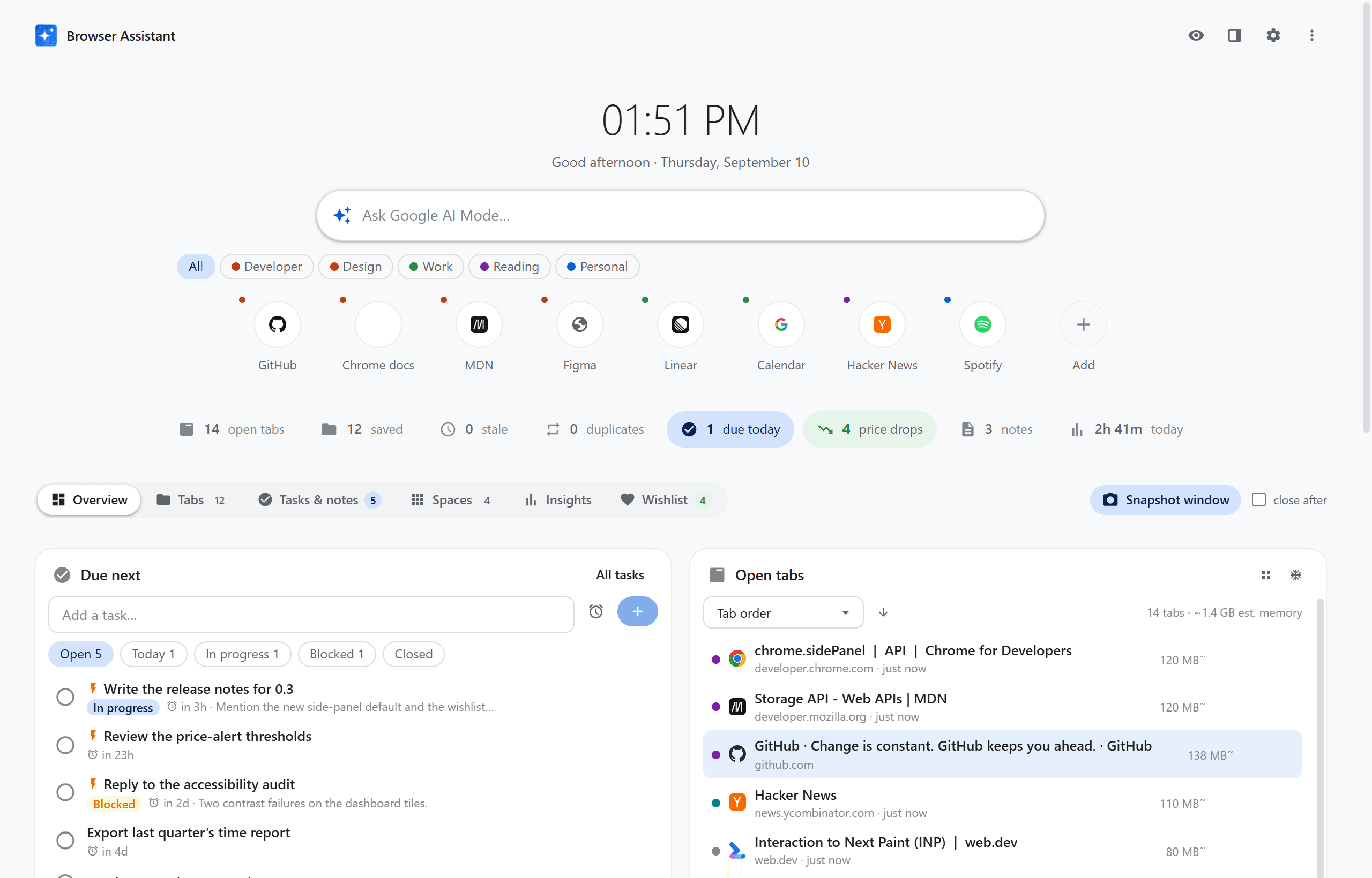 Browser-Assistant-New-Tab-Dashboard mit Uhr, Suche, Schnelllinks und einer Übersicht offener Tabs