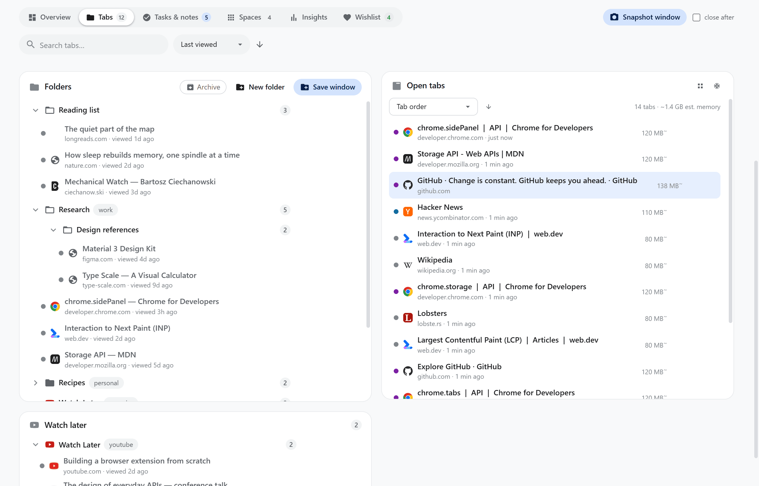 Browser-Assistant-Tabs-Ansicht mit Ordnerbaum neben der Live-Liste offener Tabs