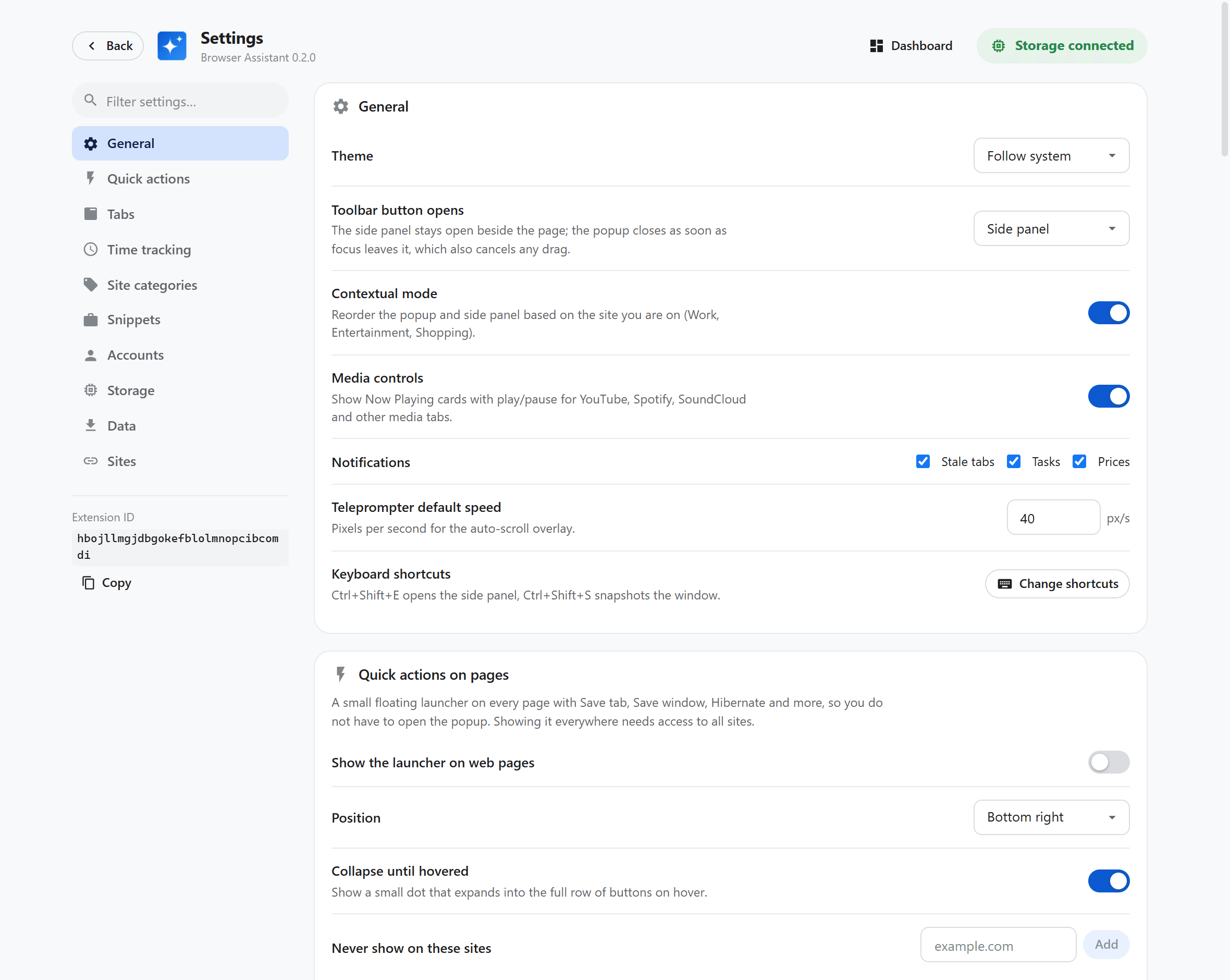 Browser-Assistant-Einstellungen für die Symbolleistenschaltfläche, den Kontextmodus und Benachrichtigungen
