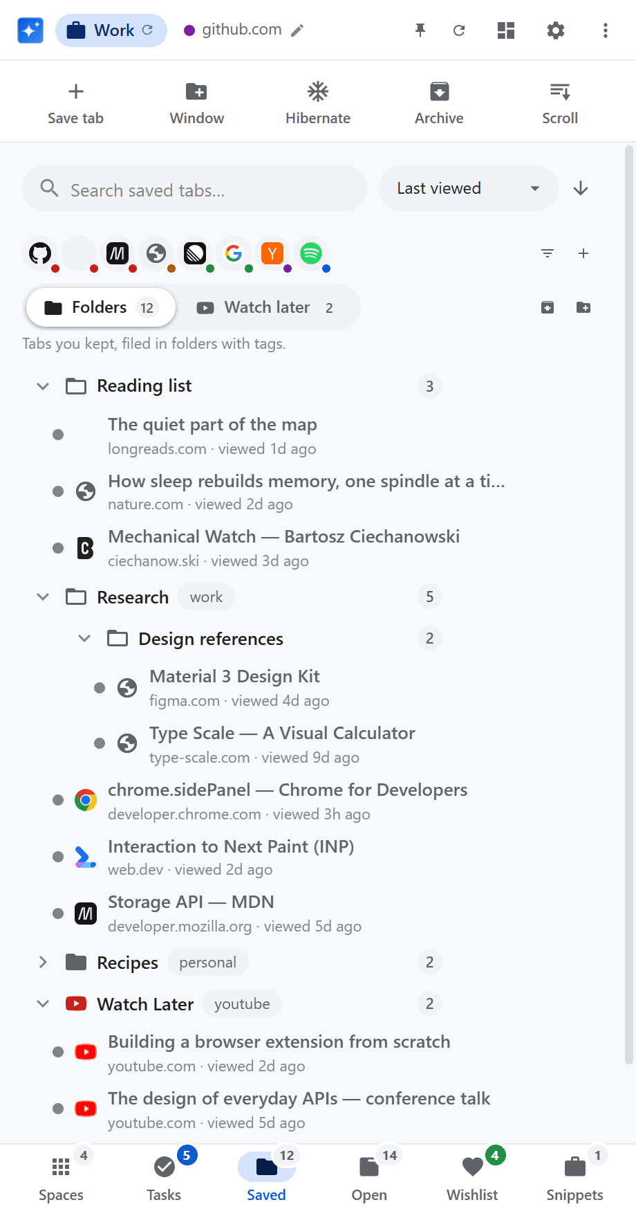 Browser-Assistant-Seitenleiste mit verschachtelten Tab-Ordnern und Tags