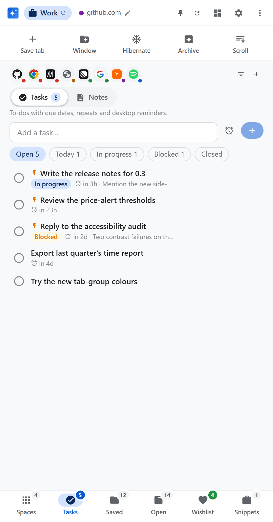 Browser-Assistant-Seitenleiste mit To-dos und Statusfiltern