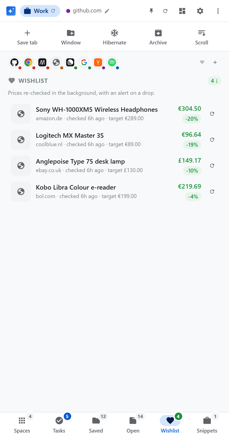 Browser-Assistant-Wunschliste mit beobachteten Produkten, aktuellen Preisen und Fallprozenten